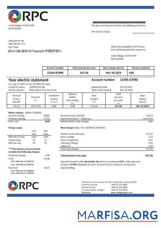 Realistic Saudi Arabia Rabigh Power Company business utility bill, Word and PDF template